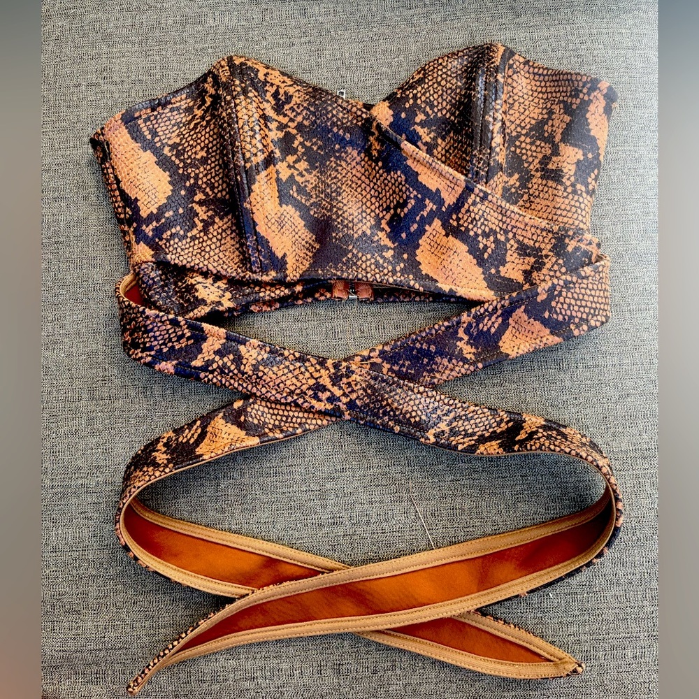 orange strapless snakeskin wrap crop top